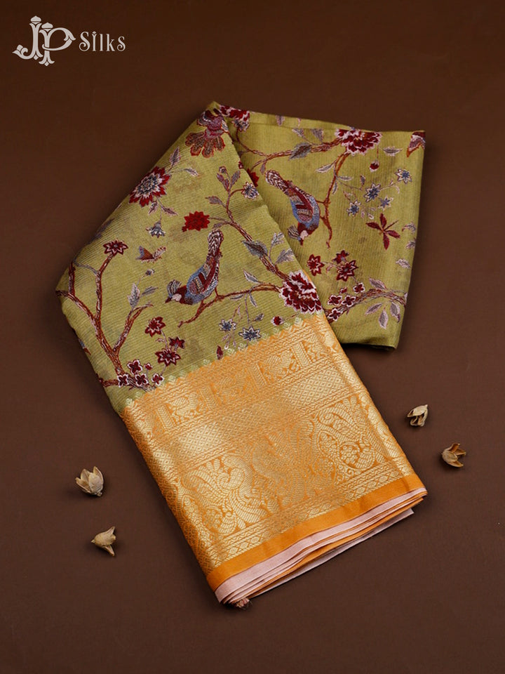 Light Mehendi Green And Orange Semi Printed Silk Saree - D9597