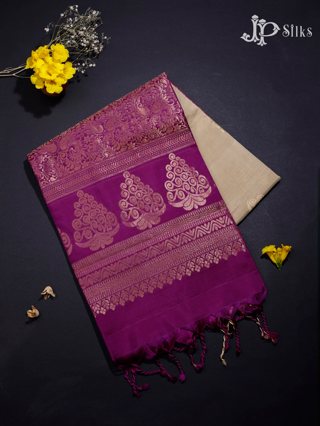 Matte Beige & Purple Soft Silk Saree - E5086-view1