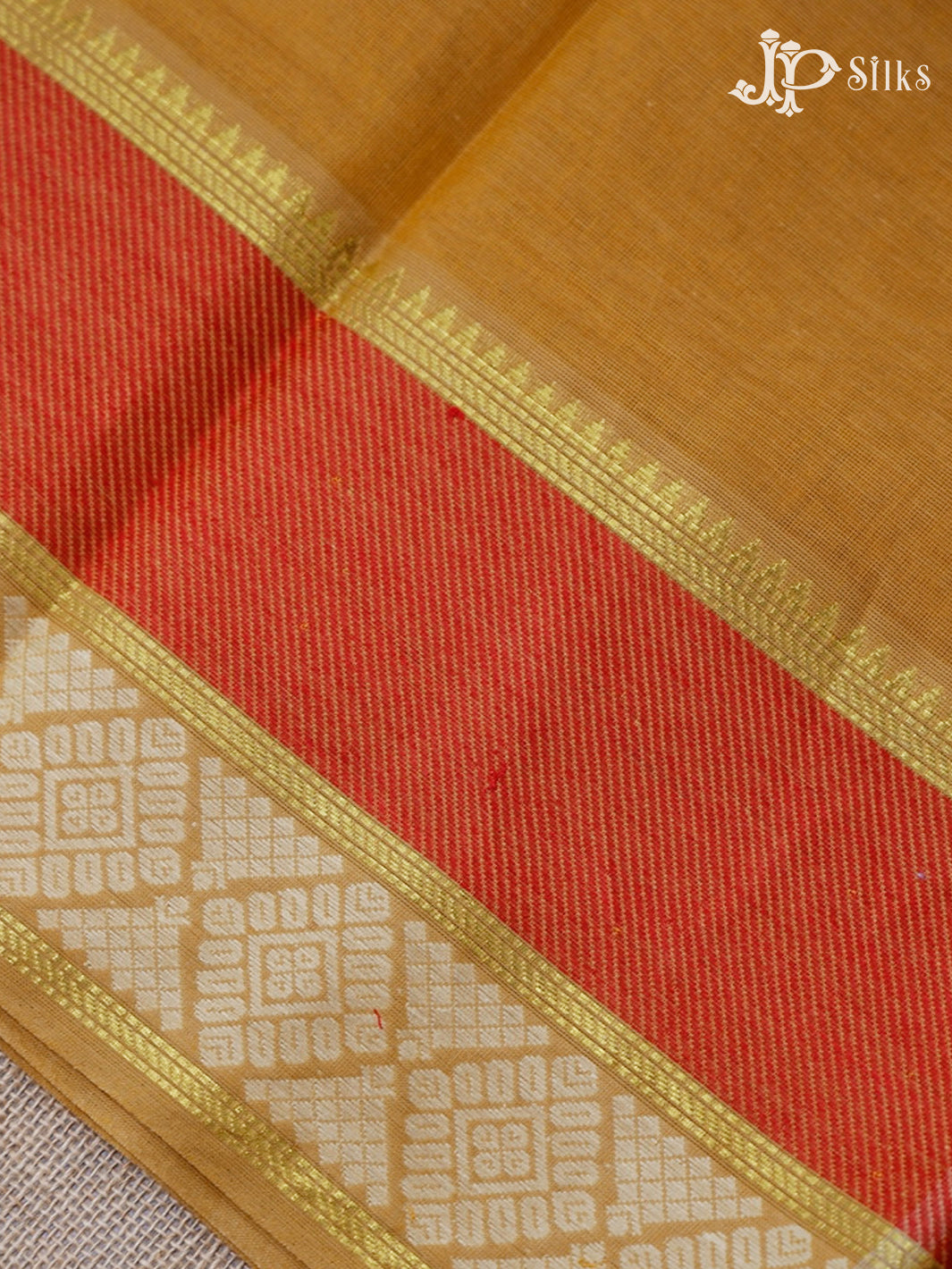 Mustard Yellow And Red Cotton Saree - F2786