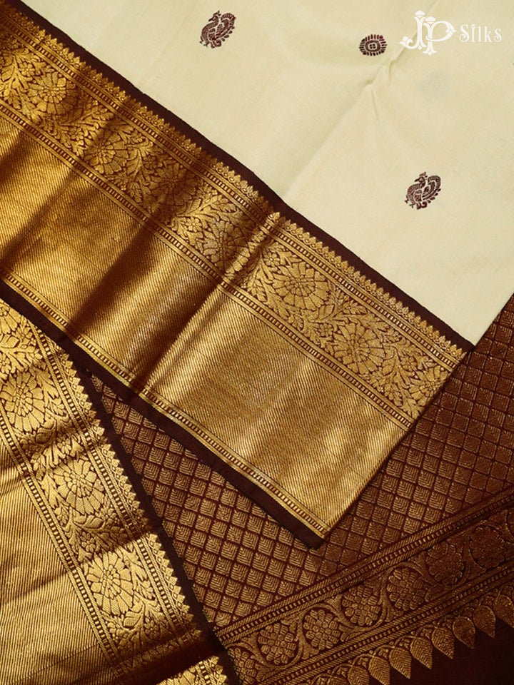 Cream & Coffee Brown Bridal Kanchipuram Silk Saree - G833-view3