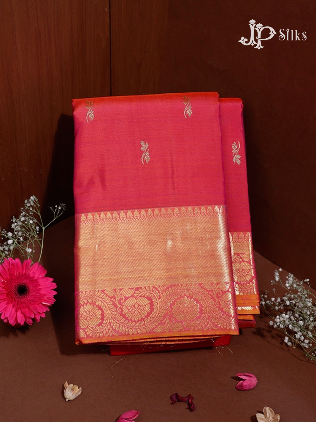Reddish Pink & Golden Mustard Kanchipuram Silk Saree - F3373-view-1