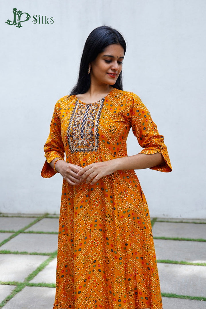 Yellow Bandhini Print Readymade Longdress