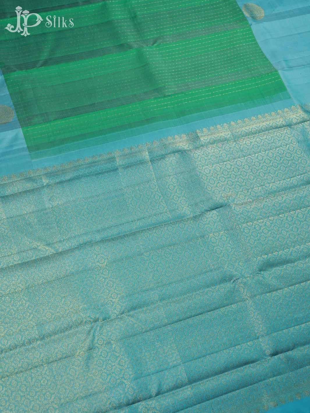 Green and Sky Blue Kanchipuram Silk Saree - F435 - View 3