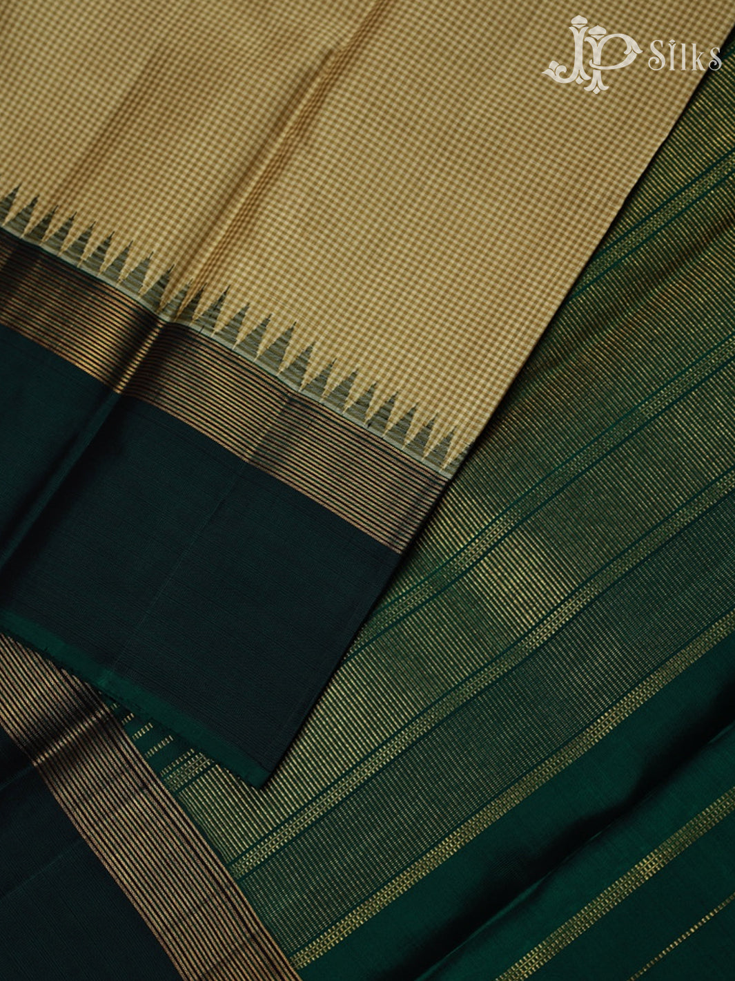 Beige and Bottle Green Kanchipuram Silk Saree - E5213 - View 4