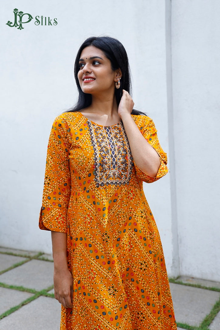 Yellow Bandhini Print Readymade Longdress