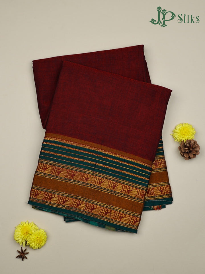 Maroon with Ramar Green Cotton Saree - E2784 - View 1