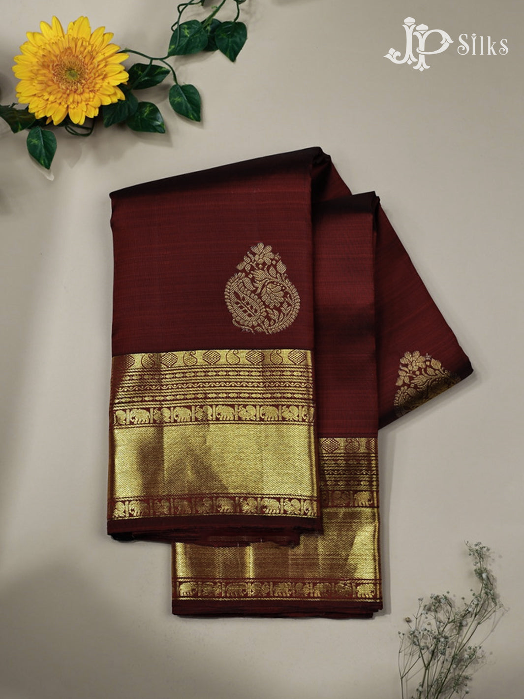 Dark maroon Kanchipuram Silk Saree - E4699 - View 1