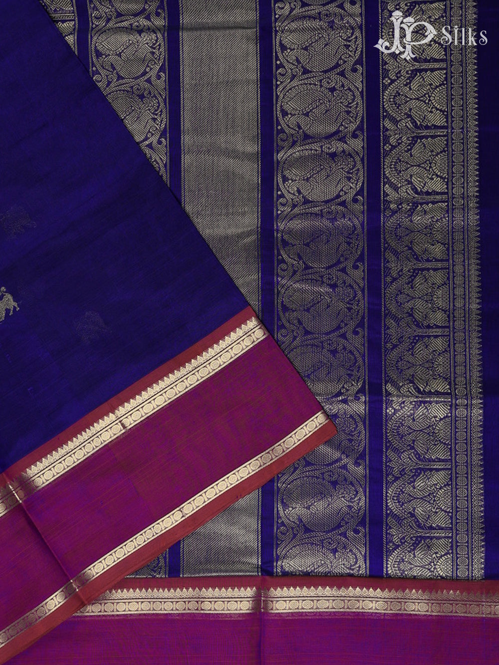 Ink Blue with Magenta Silk Cotton Saree - D9784 - View 2