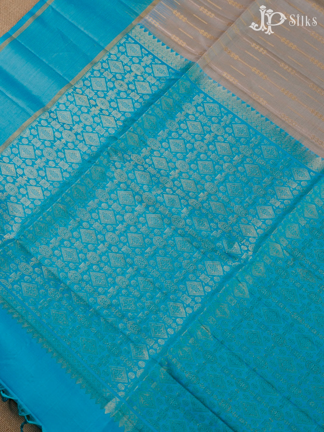 Cream And Sky Blue Soft Silk Saree - F3527