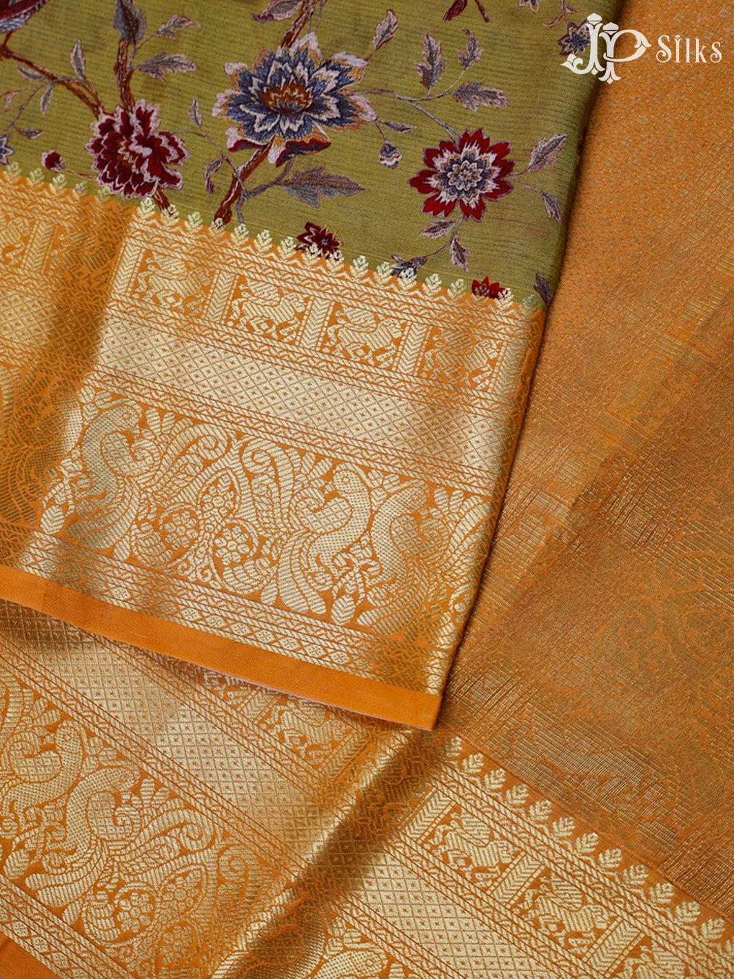 Light Mehendi Green And Orange Semi Printed Silk Saree - D9597