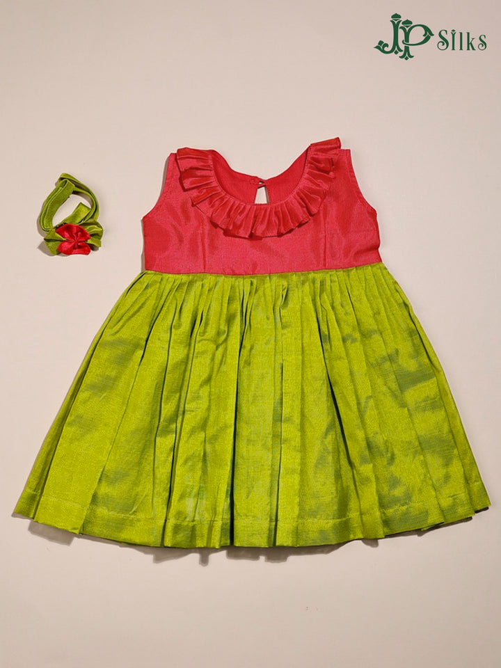 Pink And Green Silk Cotton Pleated Frock | 1 m - 8 m - E4293