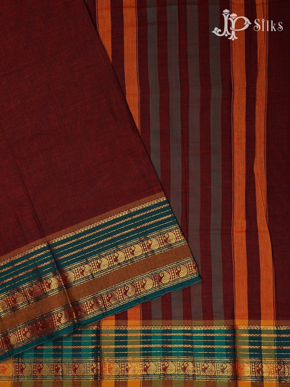 Maroon with Ramar Green Cotton Saree - E2784 - View 2