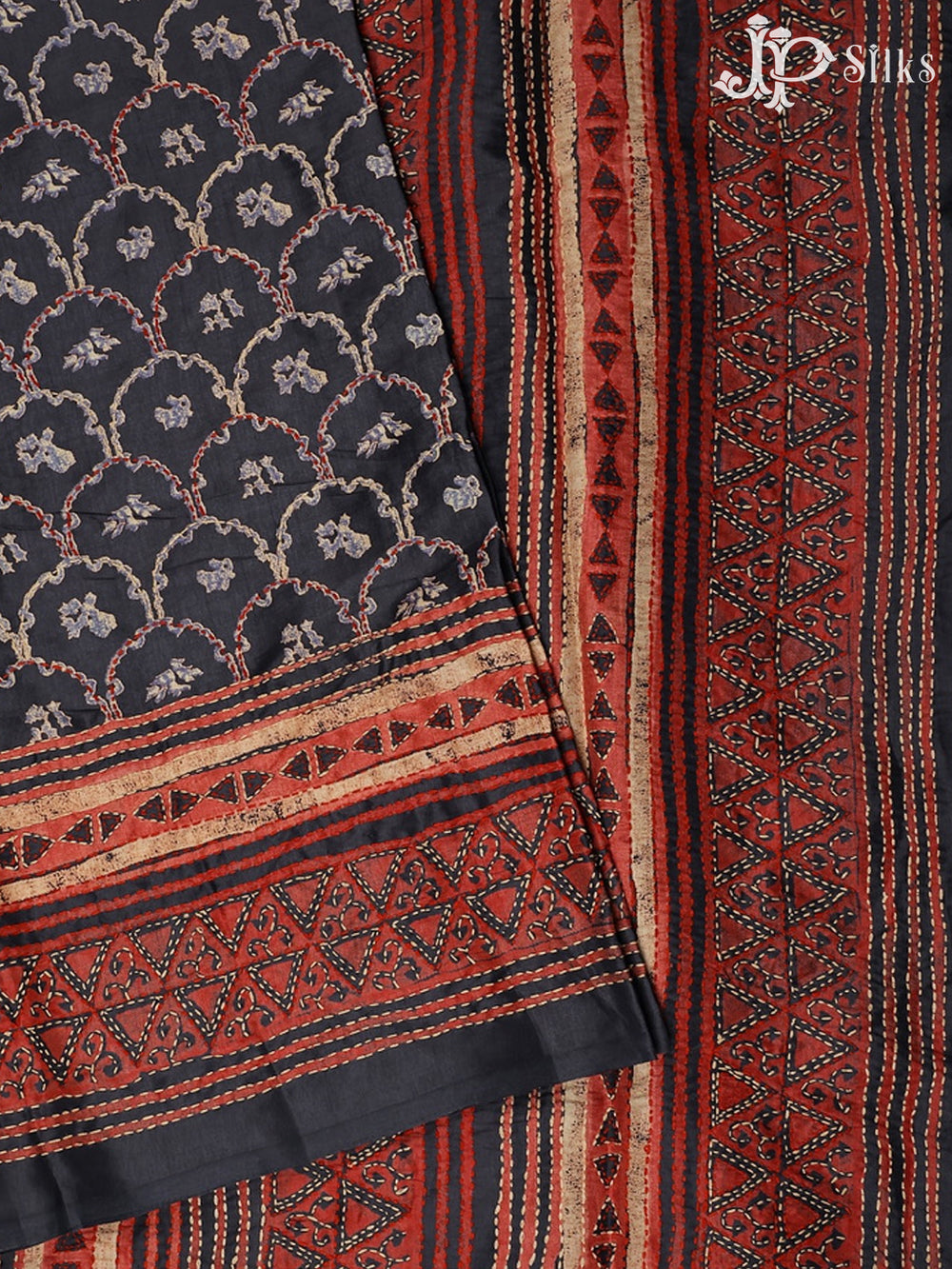 Dark Grey with Red Semi Tussar Silk Saree - E5256 - View 2