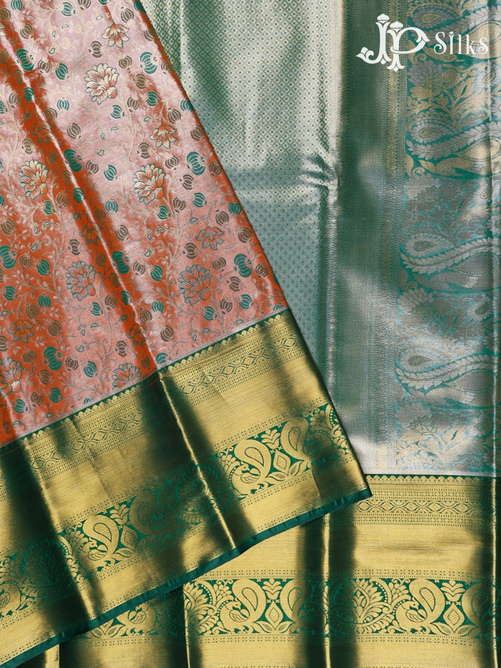 Peach with Bottle Green Art Silk Saree - F2358 - View 2