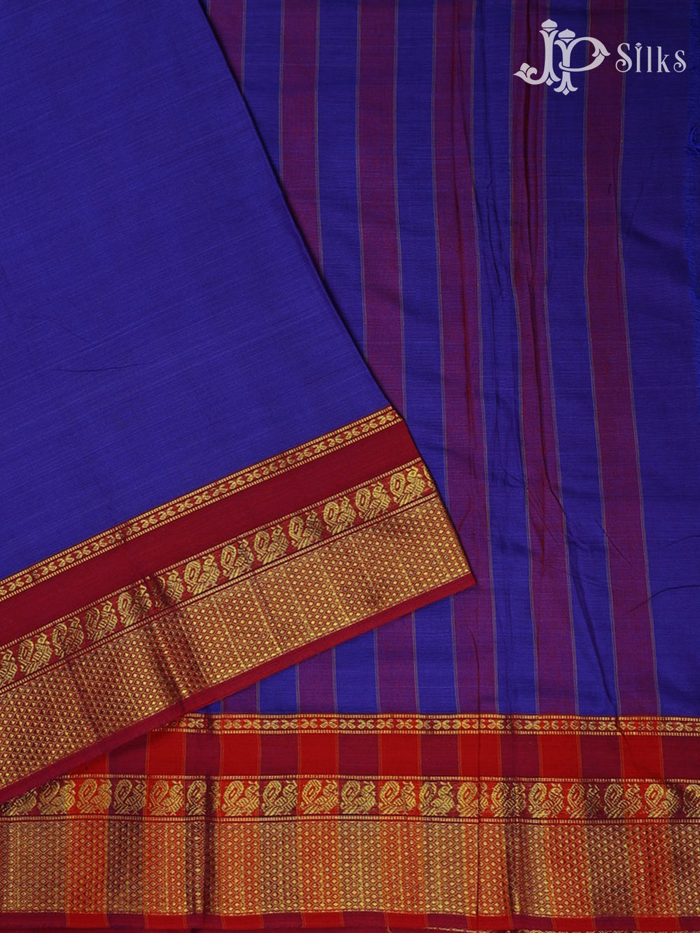 Ink Blue with Maroon Cotton Saree - D10006 - View 2