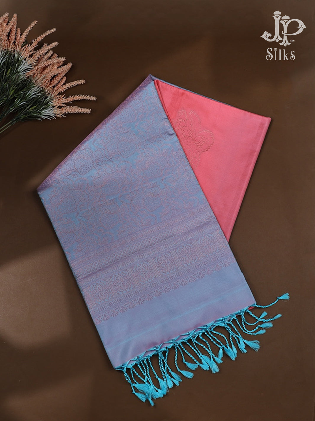 Peach Pink with Light Steel Blue Soft Silk Saree - E5616 - View 1