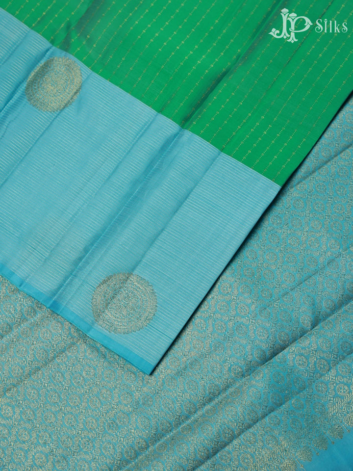 Green and Sky Blue Kanchipuram Silk Saree - F435 - View 4