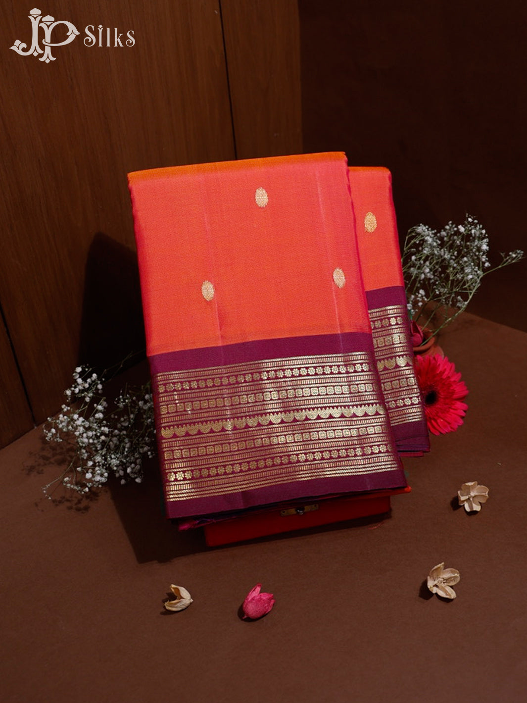 Reddish Pink & Purple Kanchipuram Silk Saree - G365-view1
