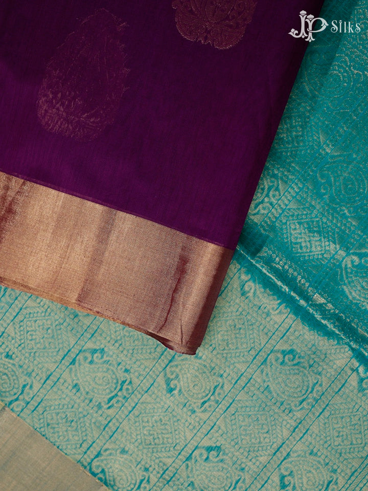Purple and Teal Blue Kora Cotton Saree - G334