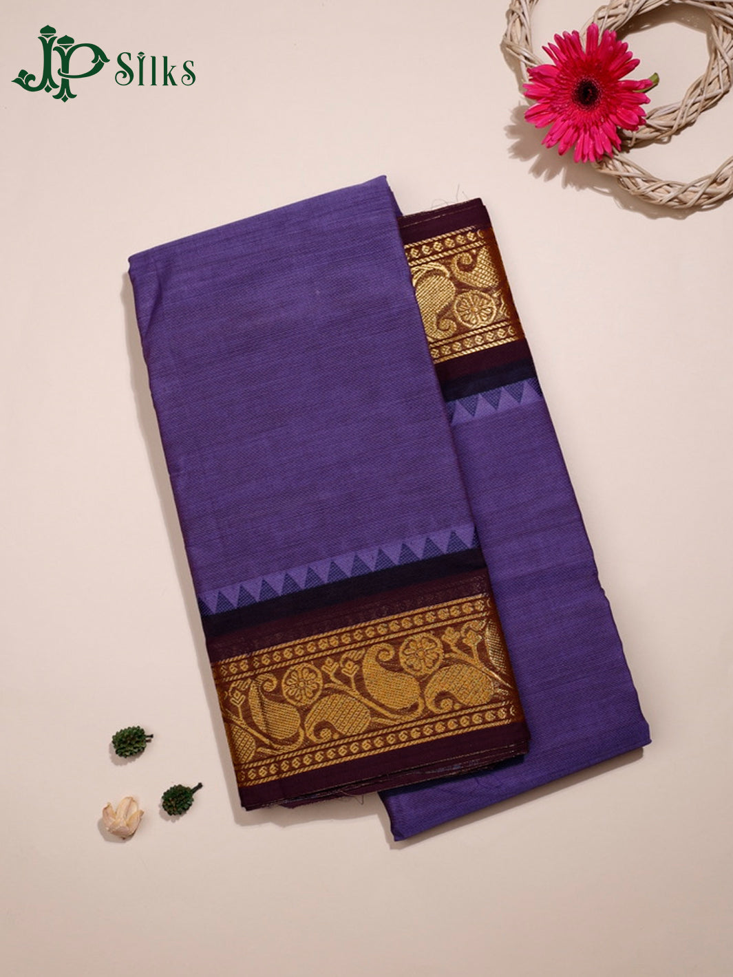Dark Lavender & Brown Chettinad Cotton Saree - G396 “View1”