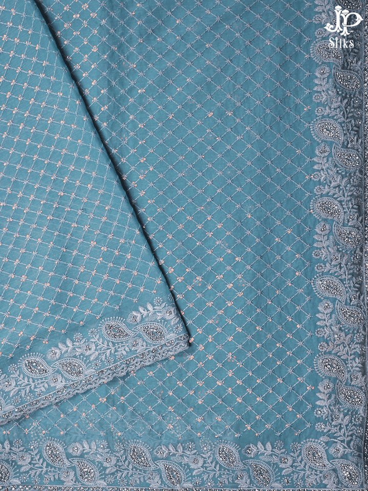 Turquoise Blue Sequin Work Shimmer Chiffon Fancy Saree - E5417 - View 1