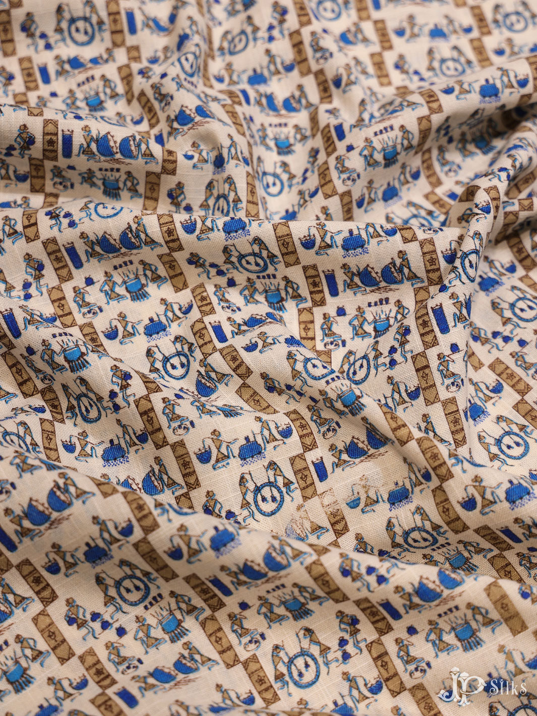 Off-White and Blue Cotton Fabric - A6551