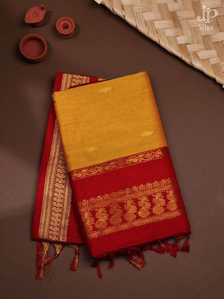 Yellow and Red Cotton Saree - E262 - View 1