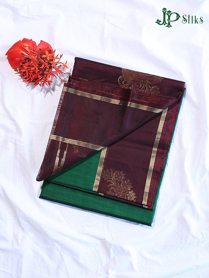 Bottle Green and Brown Kora Cotton Saree - G918