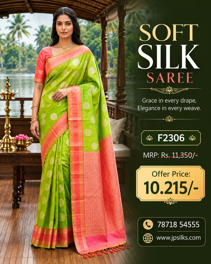 Parrot Green & Peachish Pink Soft Silk Saree - F2306