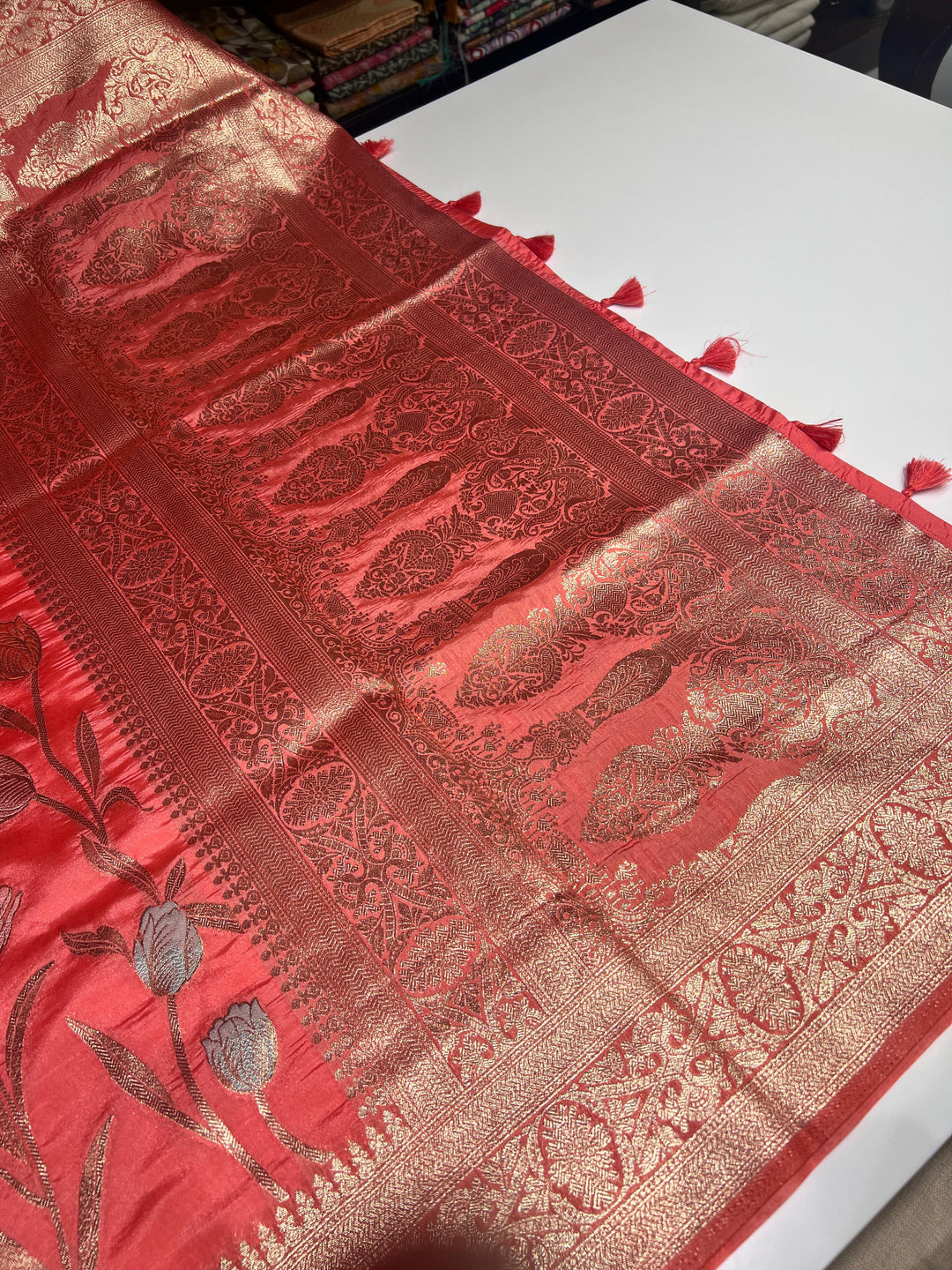 Peach Red Semi Banarasi Saree -  F3124