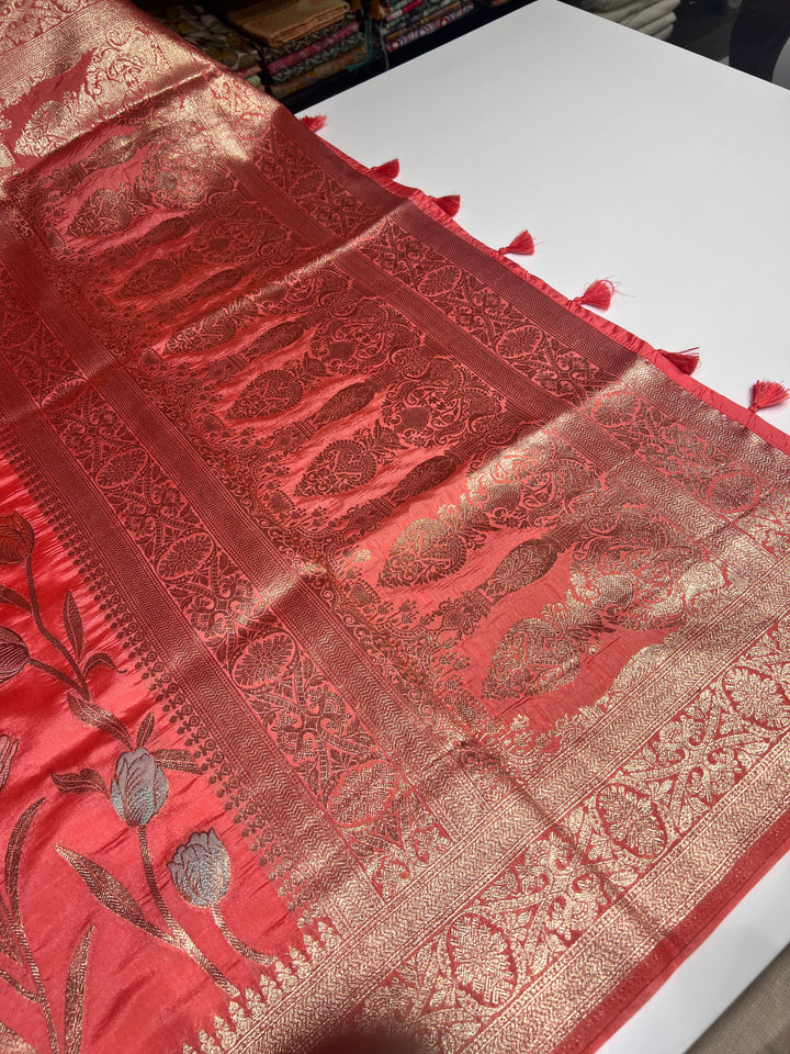 Peach Red Semi Banarasi Saree -  F3124
