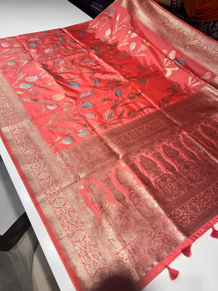 Peach Red Semi Banarasi Saree -  F3124