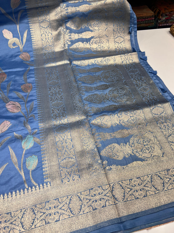 Greyish Blue Semi Banarasi Saree -   F3127