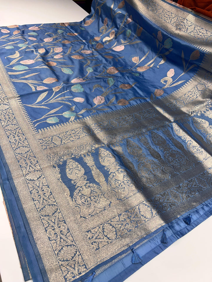 Greyish Blue Semi Banarasi Saree -   F3127