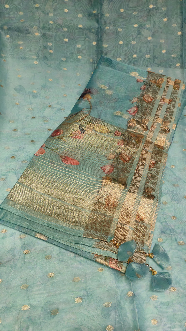 Teal Blue Shimmer Organza Salwar Suit Material -  E6198