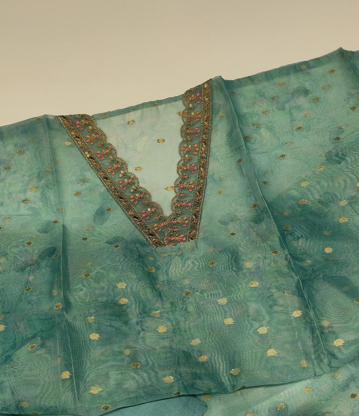 Teal Blue Shimmer Organza Salwar Suit Material -  E6198