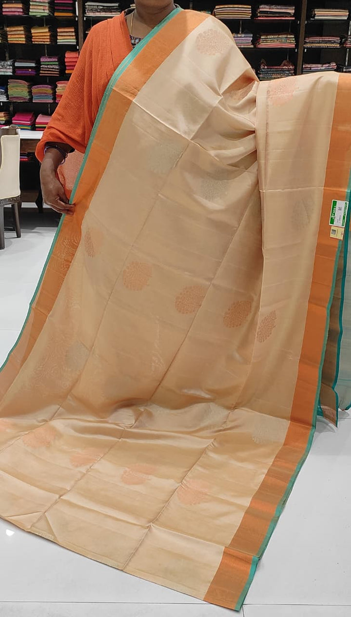 Beige and Teal Soft Silk Saree - D6149