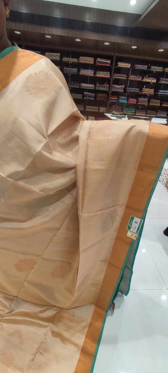 Beige and Teal Soft Silk Saree - D6149