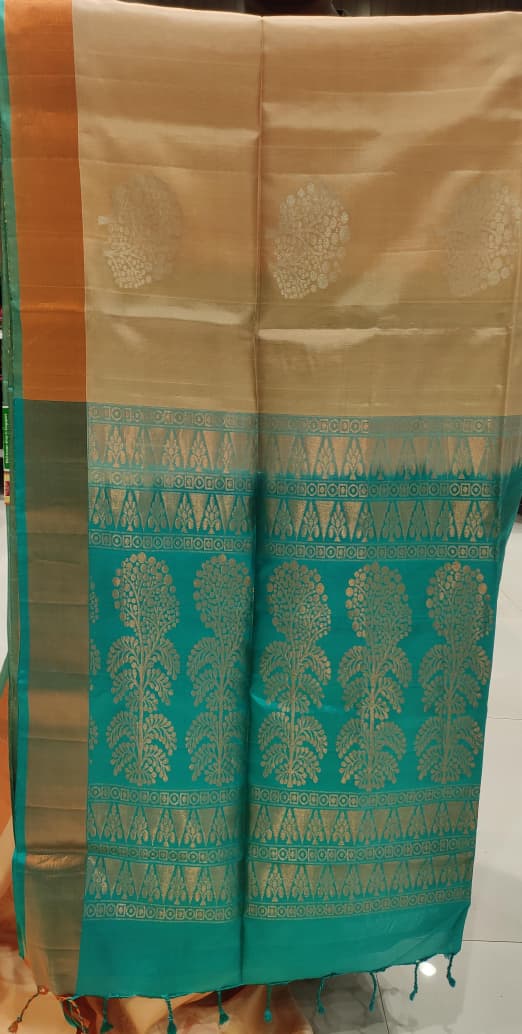 Beige and Teal Soft Silk Saree - D6149