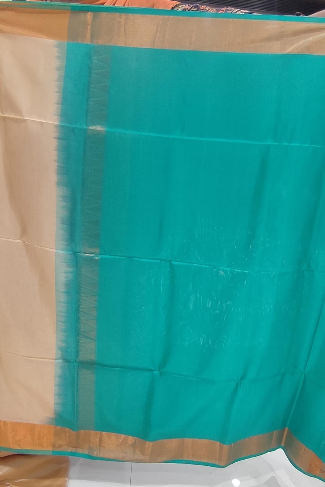 Beige and Teal Soft Silk Saree - D6149