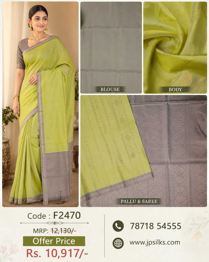 Pista Green And Grey Soft Silk Saree - F2470