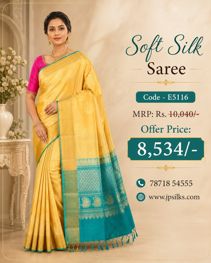 Light Mustard Yellow & Teal Green Soft Silk Saree - E5116