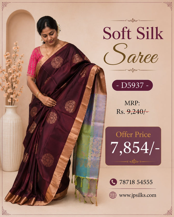 Coffee Brown & Teal Green Soft Silk Saree - D5937