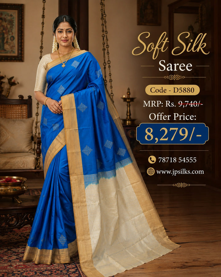 Dark Sky Bue & Off White Soft Silk Saree - D5880