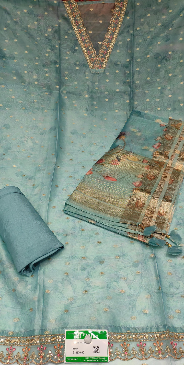 Teal Blue Shimmer Organza Salwar Suit Material -  E6198