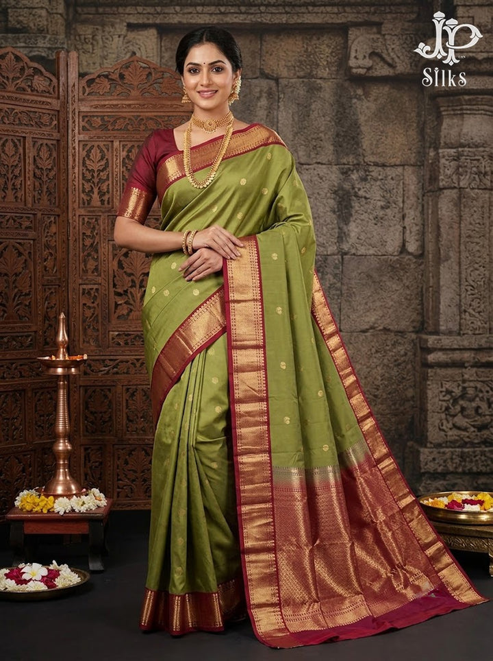 Light Olive Green & Maroon Pure Silk Mix Saree - G947