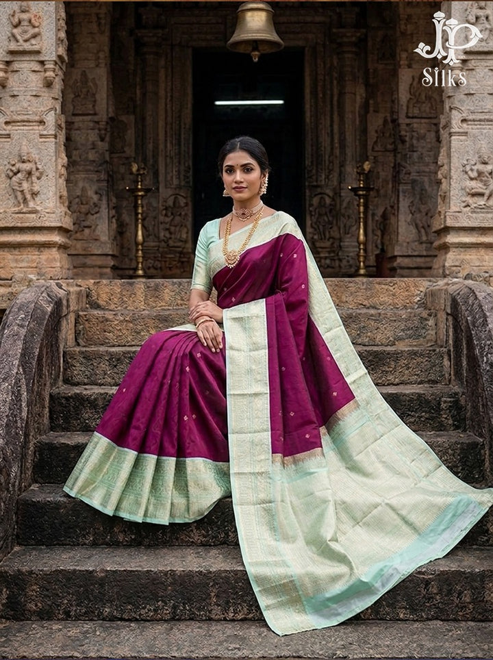 Deep Violet & Pastel Green Pure Silk Mix Saree - G946