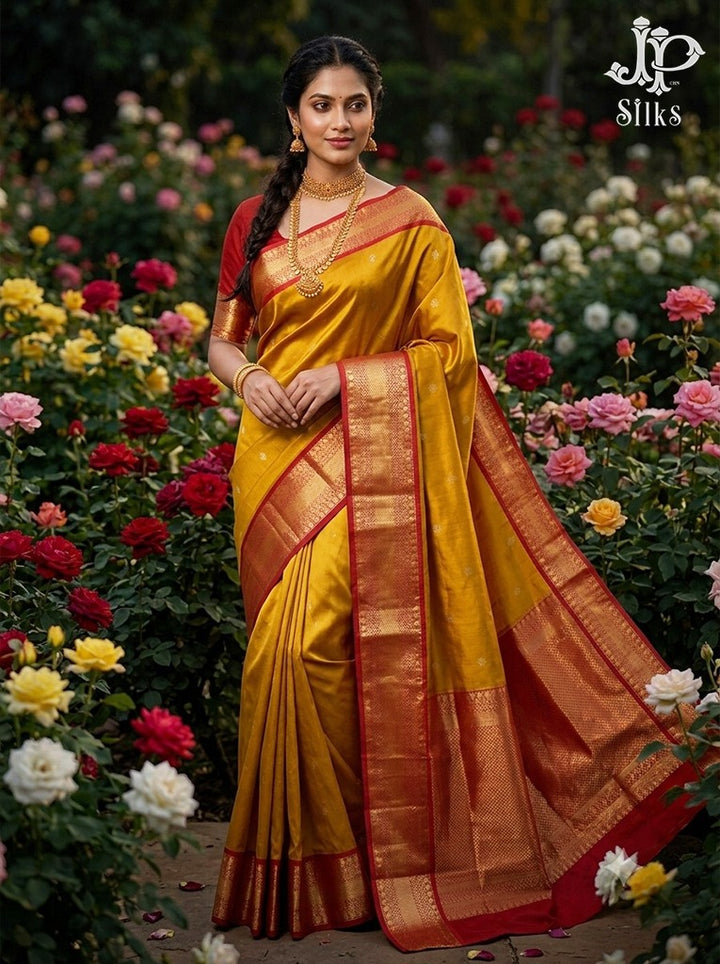 Mustard & Red Pure Silk Mix Saree - G942