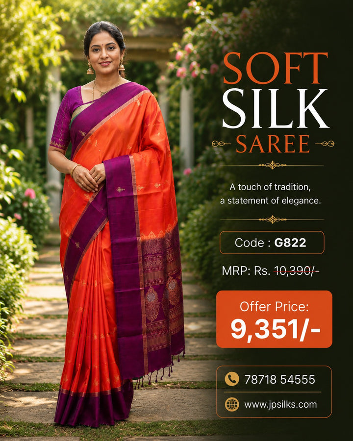 Rust Orange & Deep Purple Soft Silk Saree - G822