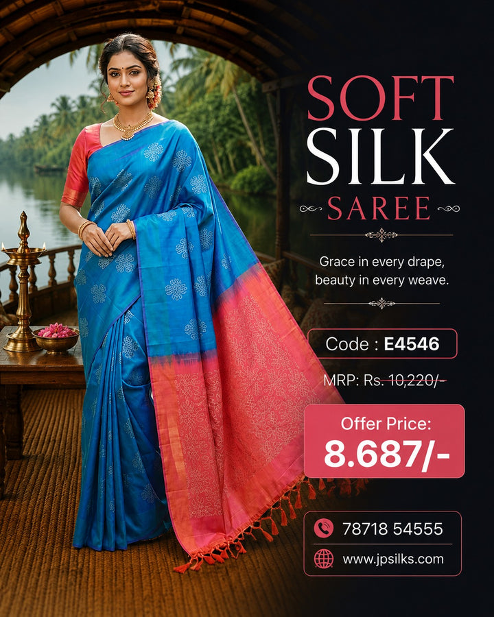 Mayil Kaluthu Blue & Pinkish Orange Soft Silk Saree - E4546